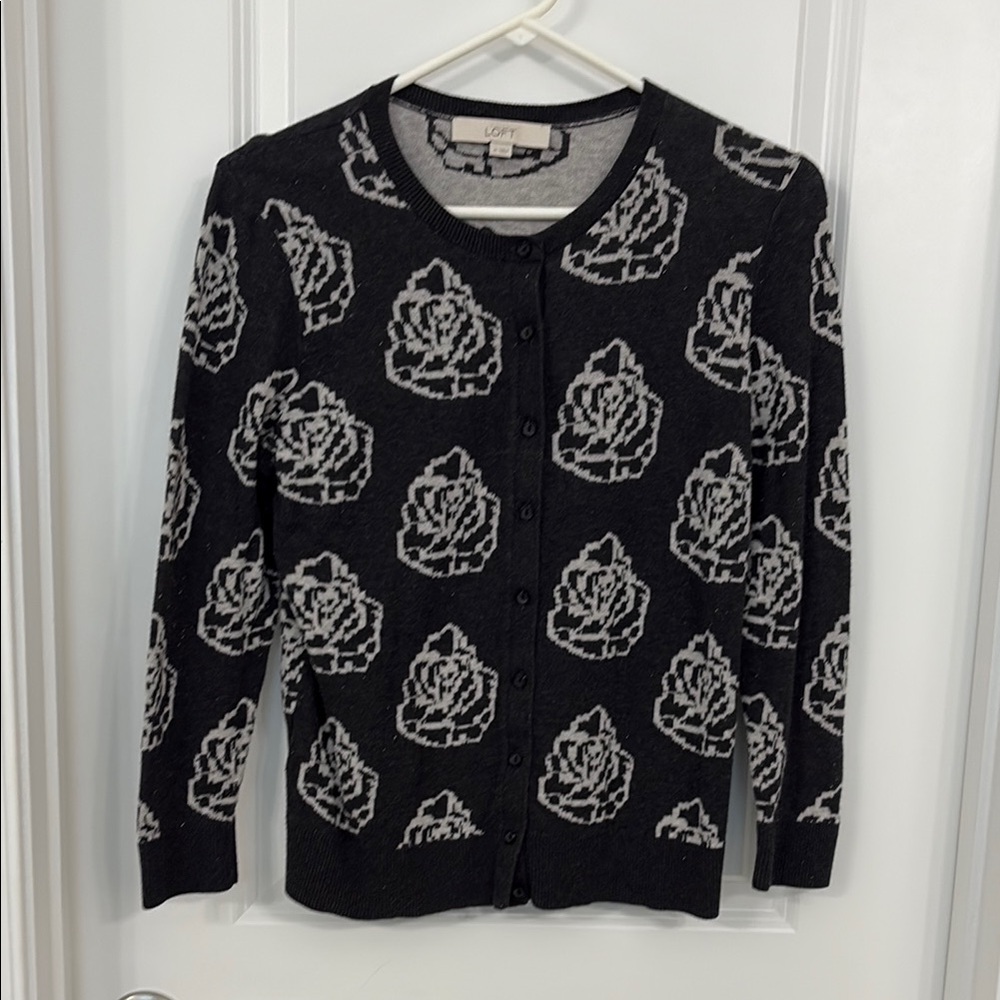 LOFT Charcoal and White Cardigan Sweater with Floral Pattern